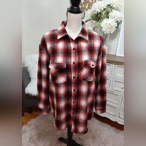 Button-Down Plaid Shirt Jacket - Red/Black/White